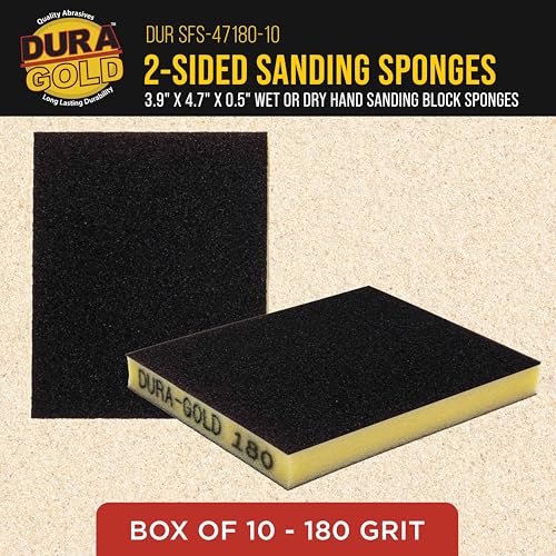 Dura-Gold 180 Grit Double-Sided Sanding Sponges, Box of 10 - Performance Flex 4.7" x 3.9" Wet or Dry Flexible Softback Sandpaper Sponges, Hand Sanding Abrasive Block Pad - Home, Wood, Metal Auto Paint - style: 180 Grit