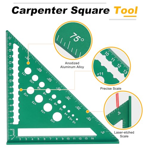 HARFINGTON Metal Square Ruler 7" Aluminum Alloy Carpenter Square Woodworking Rafter Square Precision Scribing Tools with Rafter Conversion Table for Measuring and Marking, Green - color: Green, style: Dual Scales