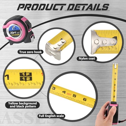 Youyole 10 Pack Tape Measure with Fractions 1/8 Steel Measuring Tape Retractable Easy Read Measurement Ruler Steel Power Blade (25 ft X 1 in,Pink) - color: Pink