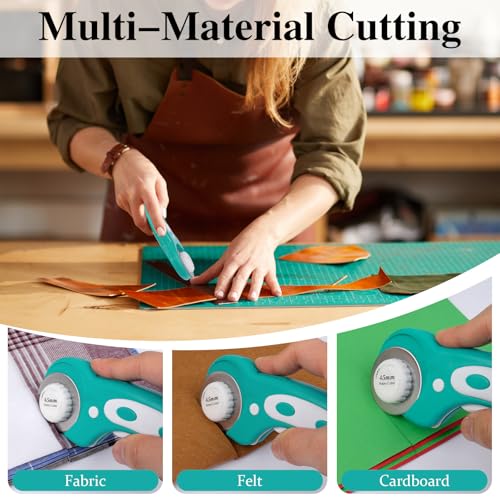 45mm Rotary Cutter for Fabric with 5 Extra Blades, Roller, with Safety Lock - color: Teal