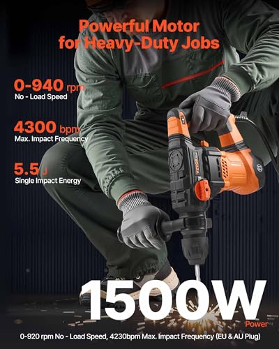 VEVOR 1-1/4 Inch SDS-Plus Rotary Hammer Drill, 13 Amp Corded Drills, Heavy Duty Chipping Hammers w/Vibration Control & Safety Clutch, Electric Demolition Hammers Variable Speed, Power Tool For Concret - size: 1-1/4 in