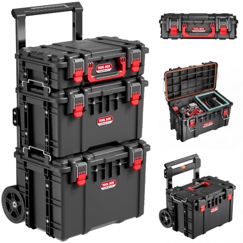 JEKO&JEKO 3-Piece Rolling Modular Tool Box System with Large Rolling Tool Box & Small Parts Organizer for Garage Storage, DIY Projects, Professional Use & Home Repairs