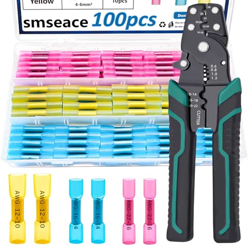 smseace 100PCS Heat Shrink Butt Connector with Crimping Tool 22-10AWG Waterproof Electrical Wire Crimp Connectors for Automotive Boat Stereo Industrial Equipment - size: 100Pcs