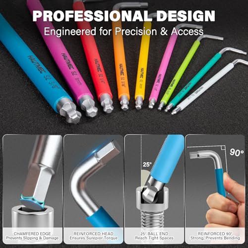 HAUTMEC Allen Wrenches Sets with Ball End(SAE & Metric), 18PCS Extra Long Arm Hex Key Set, Heavy-Duty S2 Steel Pro Allen Key Set, 1/16" to 3/8" and 1.5-10mm, Color Coded Sleeve with Belt Loop Pouch - style: 18PCS(SAE & Metric)