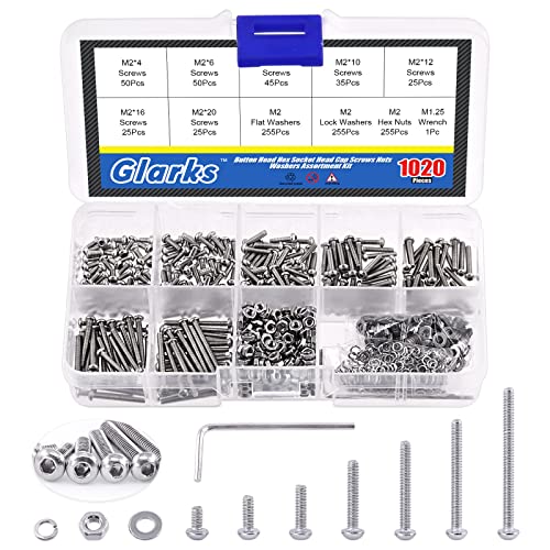 Glarks 1021Pcs M2 Button Head Screws 304 Stainless Steel Hex Socket Cap Screws Bolts and Nuts Washers Assortment Kit with Hex Wrench for Machinery Furniture Car Repair - size: M2 screw assortment kit