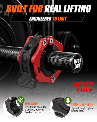 MAXRICH Ultra-Thin 1-Inch Barbell Clamps, Quick Release Weight Clips for 23–30mm Bars, Secure Barbell Collars for Home Gym - color: Red+black