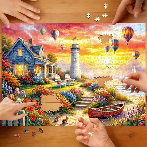 Coastal Lighthouse Sunset Puzzles for Adults 1000 Pieces - color: Coastal Lighthouse