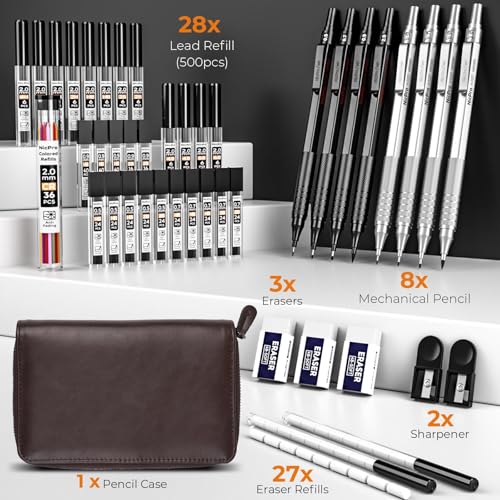 Nicpro 45PCS Black & Silver Metal Mechanical Pencil Set in Leather Case, Art Drafting Pencil 0.5, 0.7, 0.9 mm, 2mm Lead Holders for Sketching Drawing With 27 Tube (6B 4B 2B HB 2H 4H Colors)Lead Refill - color: Black & Silver