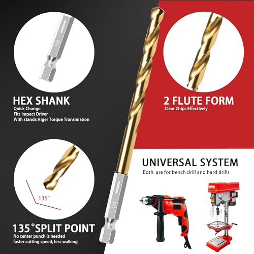 13PC 1/4" Titanium Coated Twist Hex Shank Drill Bit Set - size: 1/4-13pcs