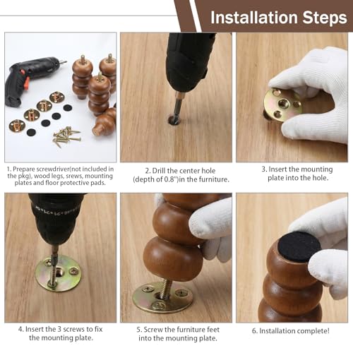4 Inch Wood Furniture Legs Set of 4 Rubber Wood Couch Legs Round Furniture Replacement Mid Century Bun Feet for Desk Dresser Sofa Cabinet Ottoman Chair and Bed(Brown) - color: Brown, size: 4 Inch