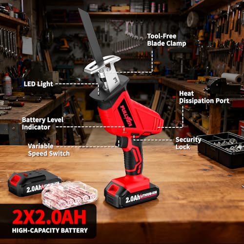 FULLYEA Reciprocating Saw Cordless, 3500SPM Variable Speed, 2x2.0Ah Battery