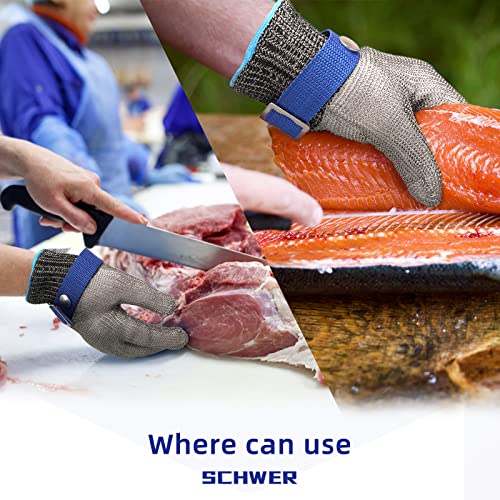 Schwer SlicePro ANSI A9 Cut Resistant Glove PR1706, Stainless Steel Mesh Metal Glove, Food Grade for Kitchen Cooking, Butcher Meat Cutting, Oyster Shucking, Mandoline, Fishing (L, 50 Pairs) - size: Large (Pack of 100), style: 1.0 Steel Wire