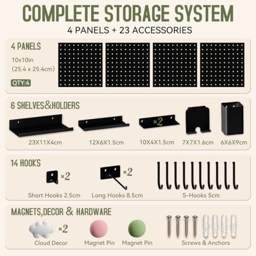 Magnetic Metal Pegboard Wall Organizer Kit, 4 Pack 10 x 10 in Panels Black - color: Black, size: 10"×10" - 4 Pcs