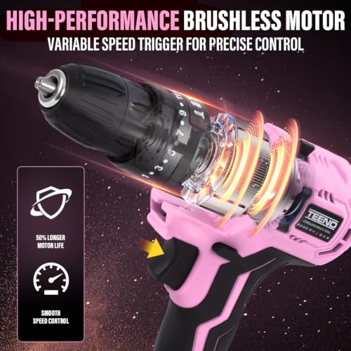 TEENO Brushless Power Tool Combo Kit, 6-in-1 Cordless Interchangeable Multi-Tool Set (Drill, Impact Wrench, Oscillating Tool, Reciprocating & Chain Saws, Sander), 3Ah Battery, USB Adapter & Hard Case - color: Pink