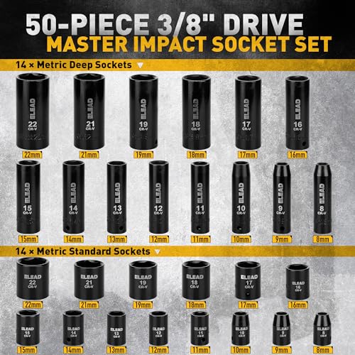 ELEAD 3/8" Drive Impact Socket Set - 50-Piece SAE (5/16" to 3/4") & Metric (8-22mm), 6-Point CR-V Steel Deep & Shallow Sockets with Ratchet Handle, Universal Joint, Extension Bar, Adapter - color: 3/8'' Drive Impact Socket Set Black