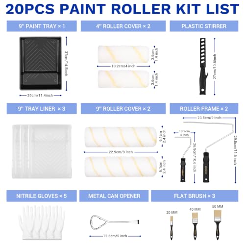 DEKOPRO Paint Roller Kit, 20-Piece Paint Roller Set with Microfiber Sleeves & Frame, Tray, Flat Brush, 4" & 9" Paint Rollers for Walls, Cabinets, Interior, Exterior, House Painting Supplies