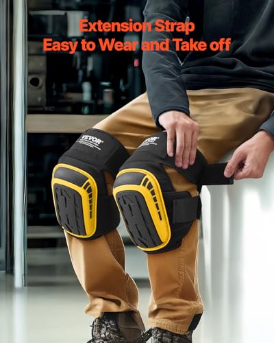 VEVOR Knee Pads for Work, Extended Heavy Duty Construction Knee Pads with 2 Extension Straps, Foam Gel Cushion, Anti-slip for Gardening Flooring Roofing and Cleaning, Men & Women, Yellow and Black
