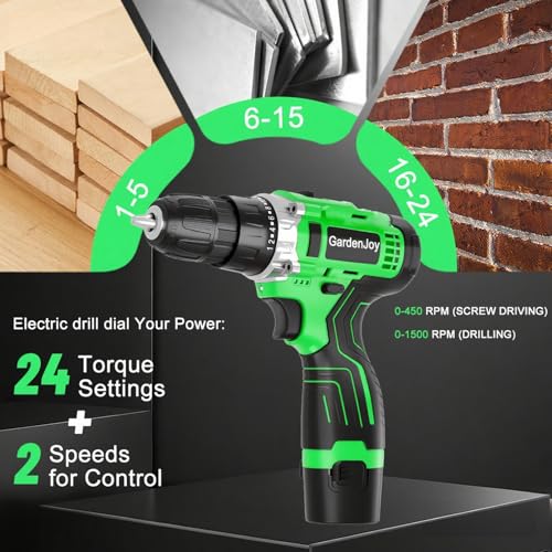 GardenJoy Cordless Power Drill Set: 12V Electric Drill with Battery and Charger, 42pcs Acessories, 3/8"Keyless Chuck, 2 Variable Speed, 24+1 Position, Compact Drill Driver Kit for Home & DIY Project - style: 12V - 2 Batteries - Green - Basic