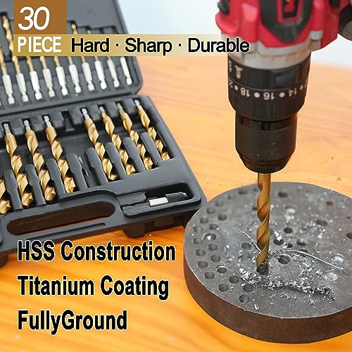 GMTOOLS 30 Pcs Titanium Impact Drill Bit Set, Hex Shank HSS Twist Drill Bits with Storage Case for Steel, Copper, Aluminum, Zinc Alloy, Wood and Plastics, Quick Change Design, 1/16"-1/2" - style: 30PCS