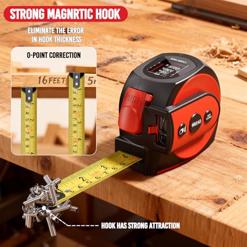 SENDA 3-in-1 Laser Tape Measure - 197Ft Rechargeable Laser Measuring Tape with Led Display & 16Ft Measuring Tool with Magnetic Hook & Auto Lock -20 Data Sets,Pythagorean/Area/Volume,Ft/Ft+in/in/M Unit - color: Red(USB-C Charge), size: 197 FT
