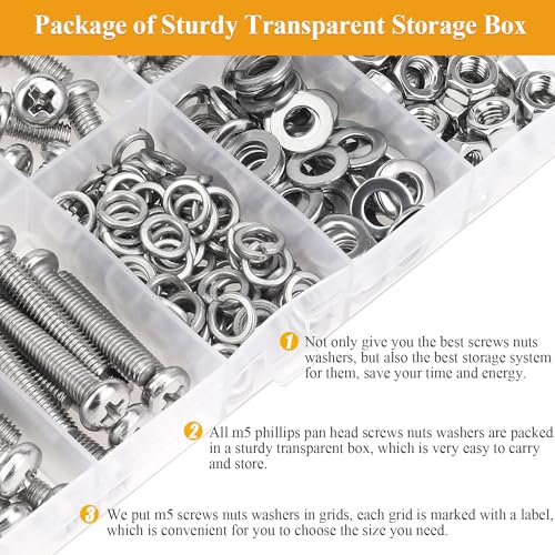 245 Pieces M5 Machine Screws Nuts Washers Set, Sutemribor M5 x 6/8/10/12/16/20/25mm Phillips Pan Head Machine Screws Nuts Washers Assortment Kit, 304 Stainless Steel, Fully Threaded - size: M5, style: Phillips Pan Head