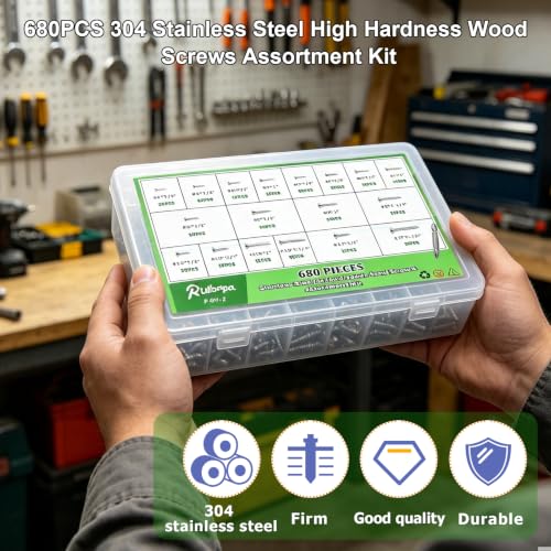 680PCS Wood Screws Assortment Kit,304 Stainless Steel Flat Head Screws, #4#6#8#10#12 Sheet Metal Screws Length 1/4" to 1-1/2",Self Tapping Screws Set - size: 680PCS-SV