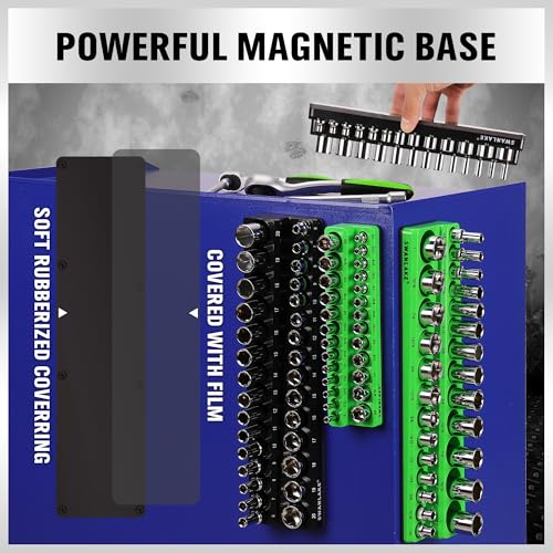 SWANLAKE 4-Piece Magnetic Socket Organizer Set, Metric & SAE Socket Holder Set Includes 1/4", 3/8" Drive Sockets Trays, Magnetic Sockets Organizer for Tool Box Drawer - style: 4PCS Green/Black