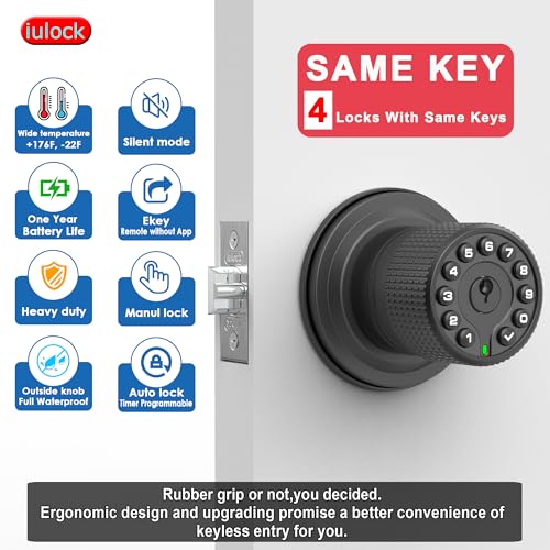 iulock Smart Door Knob with Keypad and Key,Keyless Entry Door Lock with Rubber Grip, Auto Lock,50 User Code,Waterproof, Easy to Install and Program for Bedroom (Matte Black Same Key 4 Pack) - color: Matte Black Same Key 4 Pack