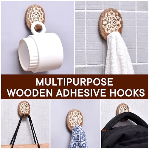 Indian Shelf 6 Wooden Adhesive Wall Hooks for Keys, Bags, Hats - color: Brown Style 3
