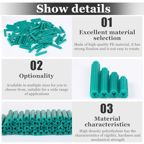 200 Pcs Expanding Plastic Screw Anchors 1/4 Hole Green Plastic Anchors for Concrete Tile Cement Bolt Expansion Tube for #10,11,12 Screws, Fix to Wall Drywall or Other Surface(2) - color: Green, size: 1/4" X 2"