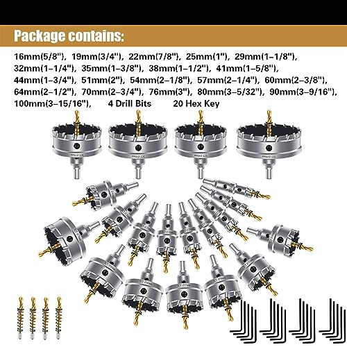 20Pcs TCT Carbide Hole Saw Kit with 4 Drill Bits,Hole Saw Set for Metal,Tipped Tooth Cutting Hole Saw, Hole Cutter Heavy Duty for Stainless Steel,Iron,Aluminum,Sheet Metal (5/8''to 3-15/16'') - size: （5/8" to 3-15/16")-20PC