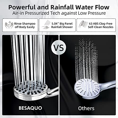 BESAQUO 9 Functions High Pressure Shower Head with Handheld,Built-in Pause Mode&Power Wash,Non-Clogging Nozzles,6ft Hose&Bracket