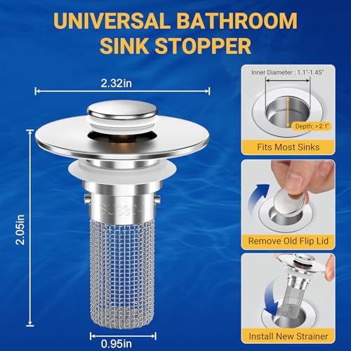 2PCS Bathroom Sink Stopper Strainer, Pop-Up Bathroom Sink Drain Strainer with Removable Stainless Steel Hair Catcher Basket, Universal Fit for US Bathroom Sinks, Bathtubs, Showers & Floor Drains - color: 2pcs