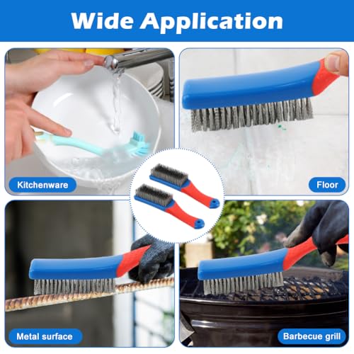 2 Pack Steel Brush for Cleaning-Heavy Duty Stainless Steel Wire Brush for Metal Rust Cleaning, Paint Scrubbing with Rubber Covered Handle