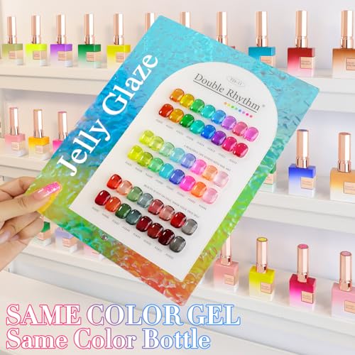 Double Rhythm 28Pcs 0.5Oz Gel Nail Polish Set Same Color Same Bottle Gel Polish Kit Nail Art Manicure Salon DIY at Home for Women (Neon Jelly Sheer Collection-T24-11) - color: Bright Red Green Blue