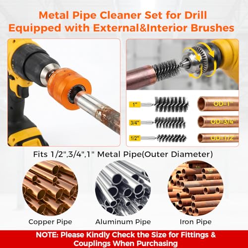 1/2" & 3/4" &1”Copper Pipe Cleaner Set for Drill with 1/4" Hex Shank | 2 Pipe Cleaning Brushes & 6 Exchange Blades & 1 Rod 3 Copper Metal Pipe Brushes Kit Plumbing Tools for Rust Stains Paint - size: 1/2" + 3/4"+1"