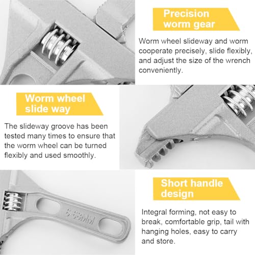 Adjustable Wrench, 6-70mm Large Opening Short Handle Wide Jaw, Aluminum Alloy Spanner Wrenches Shank Plumber, Mini Spanner for Bathroom, Washbasin, Tube Nut Disassembly(Silver)