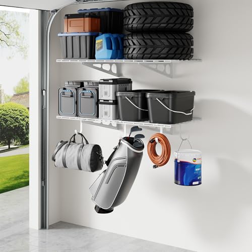 FLEXIMOUNTS 2-Pack 2x4ft Garage Shelving with Hooks, 600lbs Load, White - color: White, size: 2 pack-2x4 ft w/hooks