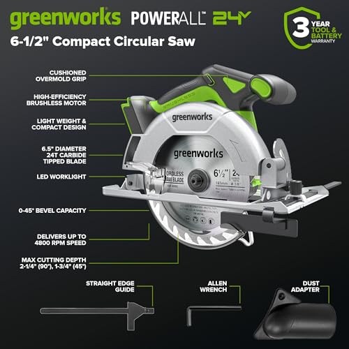 GREENWORKS 24V (5-TOOL) Combo (Drill + Impact Driver + Circular Saw + Multi-Tool + Flashlight), 4.0Ah + 2.0Ah (24,000mAh Power Bank) Batteries, (2) Cables, 65W Rapid Charger - size: 5PCS Combo Kits