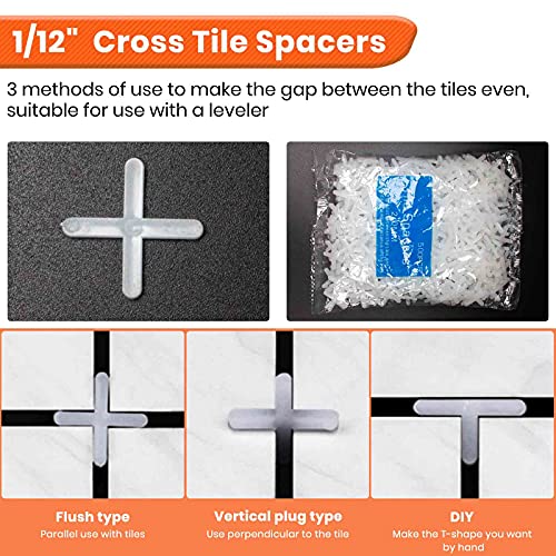 Tile Leveling System Kit,200pcs Reusable Tile Leveler Spacers+1000pcs 1/12" Cross-shaped Tile Spacers+5pcs Wrench+50pcs 1/16" Replaceable Spare Steel T-Pin,Tools for Wall Floor Tile Adjustment(200) - size: 200