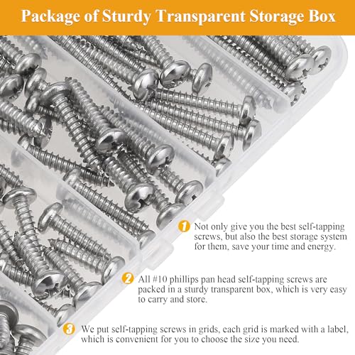105 Pieces #10 x 1/2" 3/4" 1" 1-1/4" 1-1/2" Wood Screws Set, Phillips Pan Head #10 Self-Tapping Screws Assortment Kit, 304 Stainless Steel - size: #10, style: Phillips Pan Head
