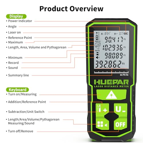 393FT Professional Green Laser Measuring Tool with Angle Sensor, Huepar 1/16in Accuracy Laser Distance Measurement Tool, Digital Laser Room Measuring Device, Laser Distance Meters