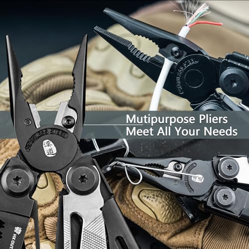 HX OUTDOORS 19 In 1 Pocket Multi Tool, Stainless Steel Multitools Pliers with Fire Starter and Glass Breaker, Folding EDC Camping Survival Tools for Men (Black) - color: Black