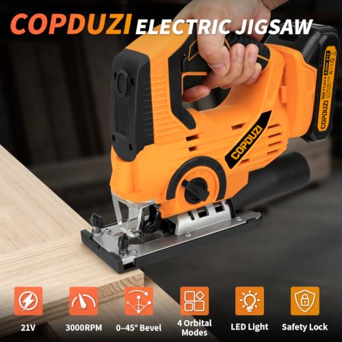 Cordless Jig Saw, Jigsaw Saw with 2×2.0Ah Batteries and Charger, Power Saber Saw Tool with LED Light, 0-45° Bevel Cuts & 4 Orbital Sets, Electric Curve Saw for Straight/Curve/Circle Cutting