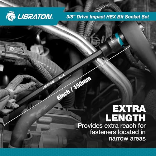 LIBRATON 3/8" Drive Long Impact Hex Bit Socket Set, Allen Bit Sockets | S2 Steel Hex Head Sockets, 20PCS Allen Wrench Socket, SAE&Metric Allen Bit Socket Set, 6" Long Allen Key Socket