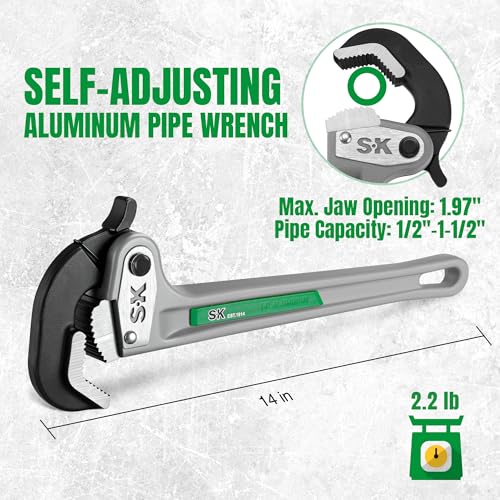 SK 14'' Self-Adjusting Pipe Wrench, Aluminum Plumbers Wrench