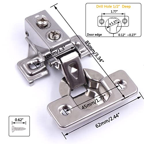 20 Pack Soft Close Cabinet Door Hinges for 1/2 Inch Overlay Cupboard, 105 Degree Opening Angel, Stainless Concealed Kitchen Cabinet Hinges with Mounting Screws, Manual and Door Bumpers - size: 1/2 inch Overlay