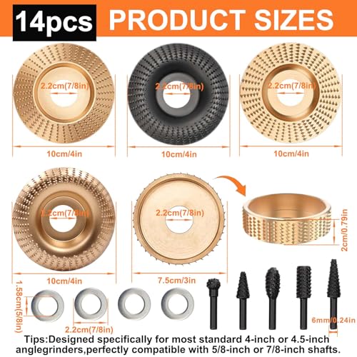 14PCS Angle Grinder Wood Carving Disc Set - 5Pcs 4"/4.5" 45# Carbon Steel Discs with 5 Rotary Burrs & 4 Adapter Rings, for Cutting, Polishing & Sculpting Hardwood/Softwood