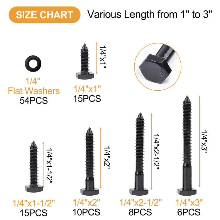 1/4" Hex Lag Bolts Stainless Steel 18-8 (304), VIGRUE 108PCS Black Oxidized, Hex Lag Screws Heavy Duty Wood Screws Washers Assortment Kit, Length Include 1" 1-1/2" 2" 2-1/2" 3"