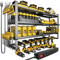 MOOMSINE Large Power Tool Organizer Wall Mount with Charging Station for Garage, 400lbs Metal Storage Rack with 8 Cordless Drill Holder, 4 Tier Heavy Duty Battery Tool Shelf with 5 Outlet Power Strip - size: 32 Inch（4 Tier Power Station）